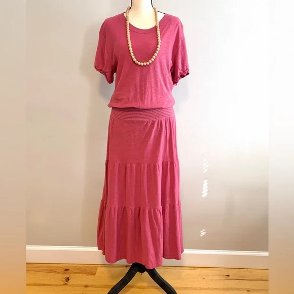 Nation LTD Los Angeles Martine Midi Dress Short Sleeve Tiered Pink 100% Cotton M - Picture 2 of 8